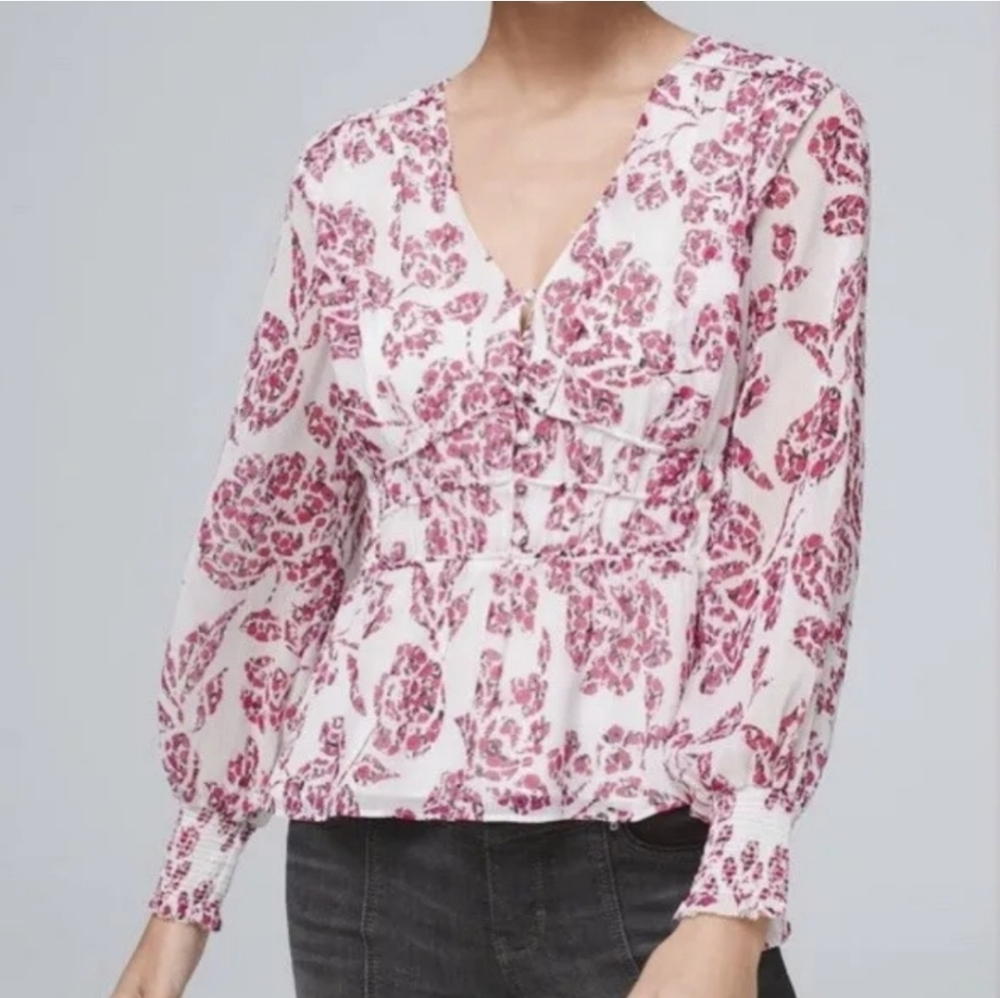 White House Black Market rose print peplum blouse v-neck XS long sleeve top